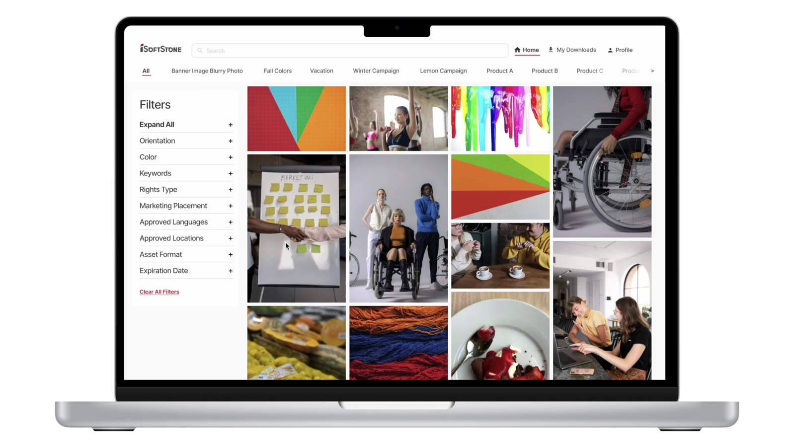 Redesigned digital asset search interface with filters and an image grid shown on a laptop